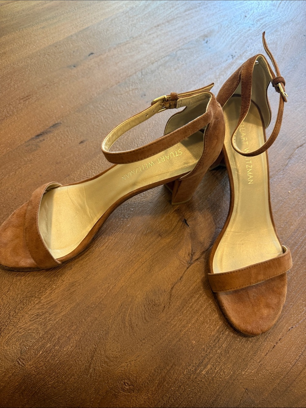 Stuart Weitzman Tan Suede Ankle-Strap Block Heels Size 41